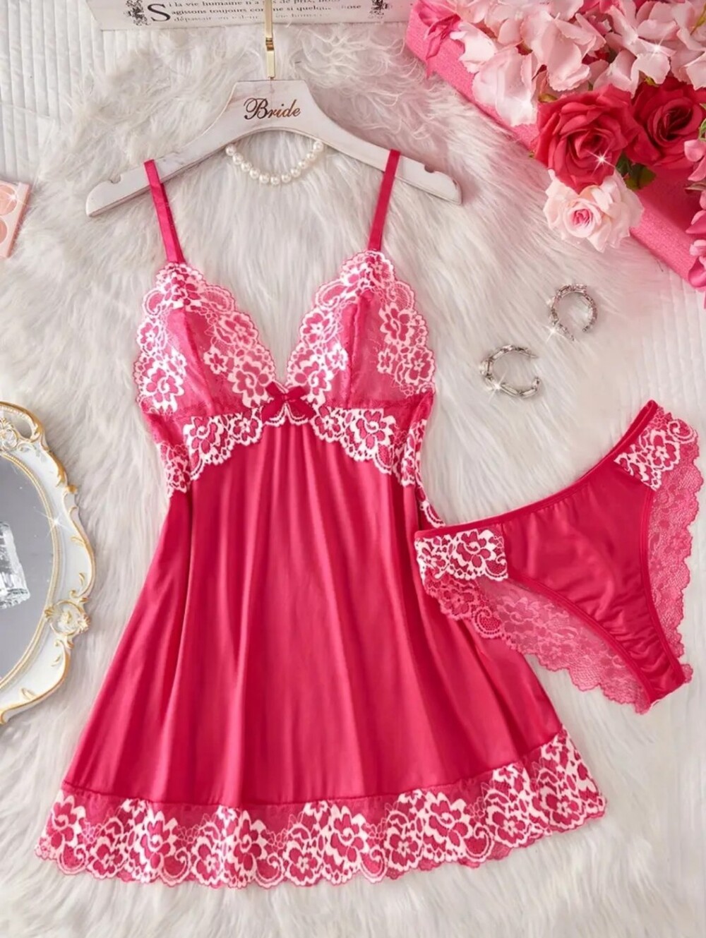 Women Beautiful Rose Red 2pc Lingerie Set With (Loves You) Eau De Parfum